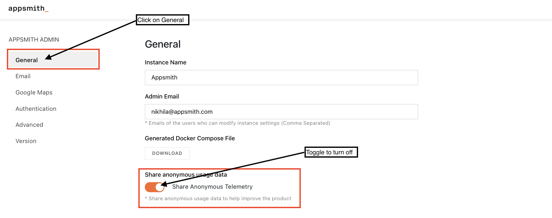 Navigate to Admin Settings &gt;&gt; General to turn off Telemetry