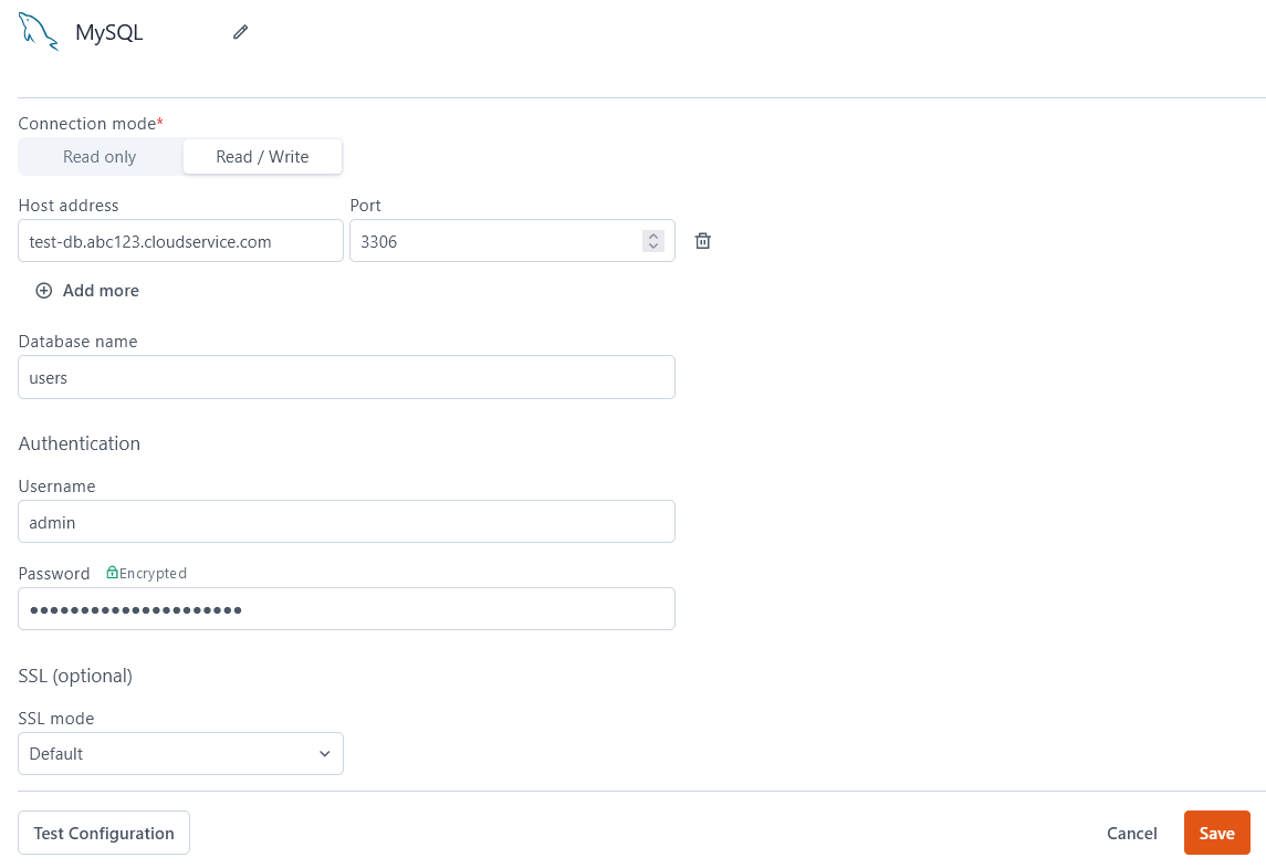 MySQL Datasource configuration page